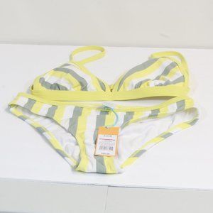 Kona Sol Yellow White Pink Striped Medium Coverage Hipster Bikini Swim Suit NWT